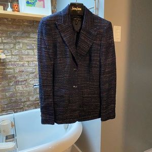 Escada, deep blue with multi colored threads; 2 pockets; button closure.
